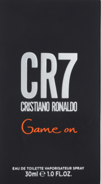 Czarny kartonik perfum Cristiano Ronaldo CR7 Game On 30ml z białym i pomarańczowym napisem, widok z przodu.