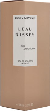 Issey Miyake L'Eau D'Issey Eau & Magnolia Eau de Toilette Intense w beżowym pudełku, widok z przodu, 100 ml.