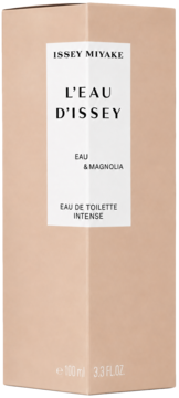 Beżowe pudełko perfum Issey Miyake L'Eau d'Issey Eau & Magnolia Intense 100 ml, widok z przodu.