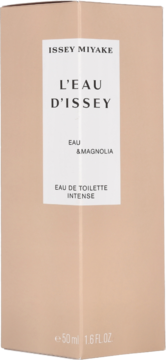 Pudełko perfum Issey Miyake L'Eau d'Issey Eau & Magnolia Intense 50ml, jasnobrązowe z białą etykietą, widok z przodu.