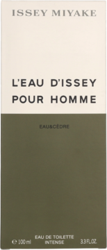 Issey Miyake L'Eau D'Issey Pour Homme Eau & Cedre Intense, w beżowo-zielonym pudełku, 100 ml, widok z przodu.