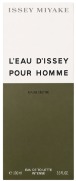 Issey Miyake L'Eau d'Issey Pour Homme Eau & Cèdre Intense, dwukolorowe pudełko: beż góra, oliwkowa zieleń dół. Przód.