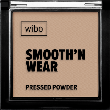 Wibo Smooth'n Wear Pressed Powder matujący, wygładzający, w beżowym kolorze, w czarnym kwadratowym kompakcie.