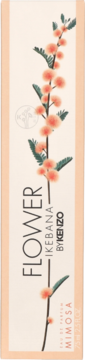 Pudełko Kenzo Flower Ikebana Mimosa EDP, beżowe, z pionową gałązką pomarańczowych kwiatów i zielonych liści.