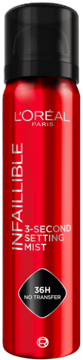L'Oréal Paris Infaillible 3-Second Setting Mist, czerwony spray utrwalający makijaż, widok frontalny, napis 36H No Transfer.