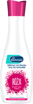 Biała butelka perfum Dr. Beckmann do prania, z różową nakrętką i etykietą Róża z długotrwałym zapachem.