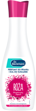 Biała butelka perfum do prania Dr. Beckmann, z różowym korkiem i etykietą "Róża" o długotrwałym zapachu.
