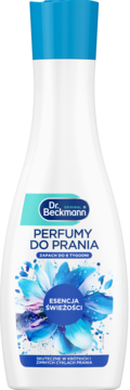 Dr. Beckmann Perfumy do prania, biała butelka z niebieską nakrętką i etykietą "Esencja Świeżości".