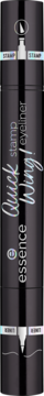 Czarny dwustronny eyeliner Essence Quick Wing stamp z holograficznym napisem, widok pionowy na całą długość.