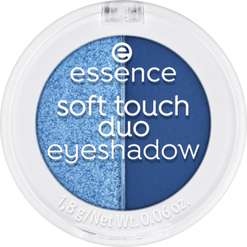 Essence Soft Touch Duo, niebieski cień do powiek, dwie połówki: matowa i błyszcząca. Widok z góry.