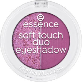 Okrągły podwójny cień Essence Soft Touch Duo. Różowo-fioletowe barwy, jedna strona błyszcząca, druga matowa, widok z góry.