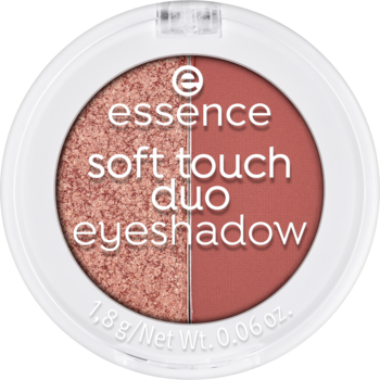 Essence Soft Touch Duo Bronze Beauty – okrągły cień do powiek z błyszczącym różem i matowym brązem.