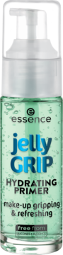 Essence Jelly Grip Hydrating Primer, zielony żel w przezroczystej butelce z pompką, widok z przodu.