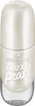 Essence Faux Pearl żelowy lakier do paznokci, perłowa biel, z przodu, widoczny napis.