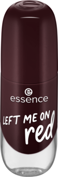 Lakier Essence nr 72 Left Me On Red, żelowy, ciemnoczerwony, połysk, butelka, widok z przodu.
