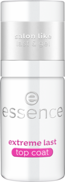 Biała butelka Essence Extreme Last Top Coat, widok z przodu, z napisem "salon like" i różowym "top coat".