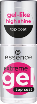 Srebrna butelka Essence Extreme Gel Top Coat z różowo-czarnymi etykietami, 'gel-like high shine'.