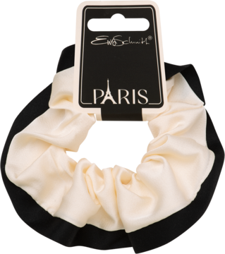 Elegancka gumka do włosów scrunchie w kremowo-czarnym kolorze, z satynowym wykończeniem i ozdobną metką Paris.