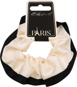 Elegancka gumka do włosów scrunchie w kremowo-czarnym kolorze, z satynowym wykończeniem i ozdobną metką Paris.