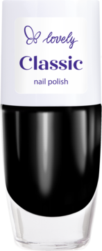 Czarny lakier do paznokci Lovely Classic w szklanej butelce z białym wieczkiem, widok z przodu.