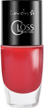 Intensywnie czerwony lakier Lovely Gloss Like Gel nr 436. Szklana butelka z czarną nakrętką, widok z przodu.