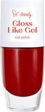 Błyszczący czerwony lakier do paznokci Lovely Gloss Like Gel w szklanej butelce, biała nakrętka, front.