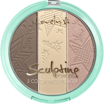Paleta Lovely Sculpting Powder: brązujący, matujący, rozświetlający puder w okrągłym, miętowym kompakcie, z góry.