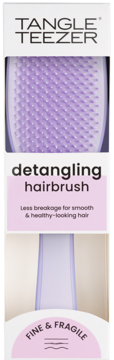 Tangle Teezer detangling hairbrush dla włosów cienkich i delikatnych. Fioletowe włosie w białym opakowaniu, widok z przodu.