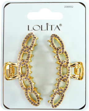 Zestaw 2 złotych klamer do włosów Lolita, zdobionych cyrkoniami o wzorze łańcucha, na opakowaniu.