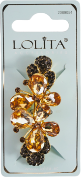 Spinka do włosów glamour Lolita z bursztynowymi i czarnymi kryształkami, na jasnej karcie produktu.