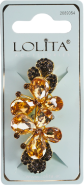 Spinka do włosów glamour Lolita z bursztynowymi i czarnymi kryształkami, na jasnej karcie produktu.