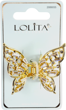 Złota klamra do włosów Lolita w kształcie motyla z błyszczącymi cyrkoniami, na białym kartoniku.