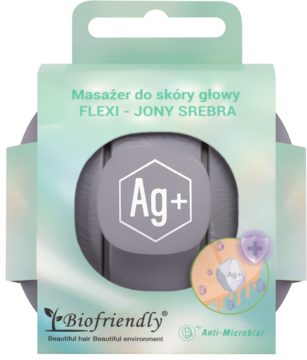 Masażer do skóry głowy Biofriendly z jonami srebra, widoczny szary element z Ag+ w zielonym opakowaniu.