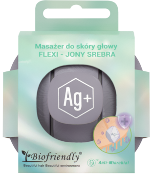 Masażer do skóry głowy Biofriendly z jonami srebra, widoczny szary element z Ag+ w zielonym opakowaniu.