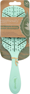 Front view: mint green biodegradable Biofriendly hairbrush in brown eco-packaging, unique bristle design.