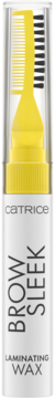 Wosk Catrice Brow Sleek Laminating Wax w białej tubce, widoczny żółty aplikator z grzebykiem i szczotką.