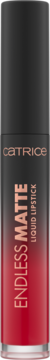 Catrice Endless Matte Liquid Lipstick Red Flag, opakowanie z czarno-czerwonym gradientem, napisy różowe złoto.