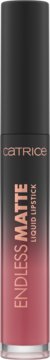 Matowa pomadka Catrice Endless Matte Liquid Lipstick, odcień Kiss Me Quick. Czarno-fioletowy flakon, różowo-złote napisy, widok przodem.