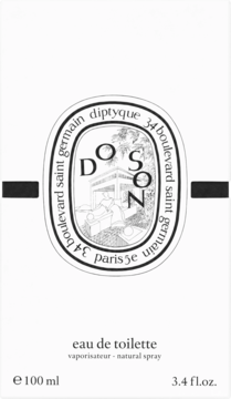 Pionowe białe pudełko Diptyque Do Son EDT 100 ml, z czarną, owalną etykietą i grafiką, widok z przodu.