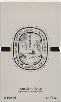 Przedni widok białego pudełka perfum diptyque Neroli L'Eau Eau de Toilette 100 ml z owalną etykietą.