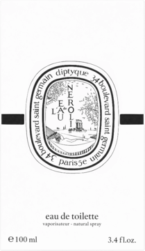 Opakowanie Diptyque Neroli L'Eau eau de toilette 100ml, białe z czarnym pasem i owalną etykietą, widok z przodu.