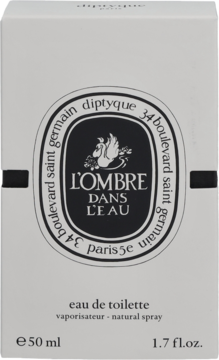 Białe opakowanie Diptyque L'Ombre Dans L'Eau eau de toilette 50ml, widok z przodu, z czarną okrągłą etykietą.