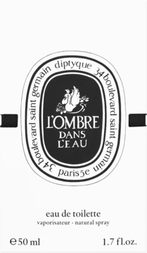 Diptyque L'Ombre Dans L'Eau woda toaletowa 50ml, czarno-biała etykieta z owalnym logo, z przodu.