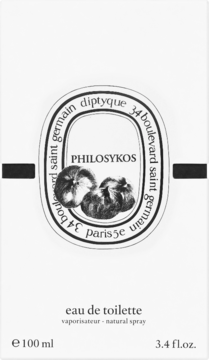 Białe pudełko Diptyque Philosykos Eau de Toilette, czarny pas, owalne logo z figą i napisem, widok z przodu.