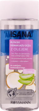 Isana Płyn do Demakijażu Oczu z Olejem, dwufazowy, w przezroczystej butelce z niebieską górną warstwą.