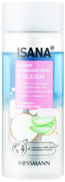 Isana dwufazowy płyn do demakijażu oczu z olejem, na makijaż wodoodporny, biała butelka, przód.