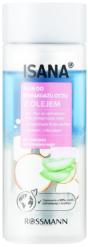 Isana dwufazowy płyn do demakijażu oczu z olejem w białej butelce. Na etykiecie aloes i informacja o recyklingu.