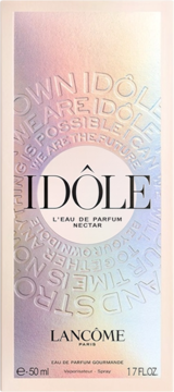 Holograficzne pudełko perfum Lancôme Idôle Nectar 50ml, z wytłoczonym tekstem i opisem zapachu gourmande.
