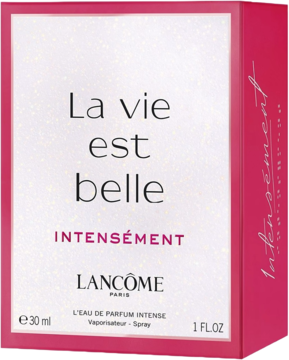 Biało-fuksjowe opakowanie perfum Lancôme La Vie Est Belle Intensement, z różowymi napisami, widok z przodu.