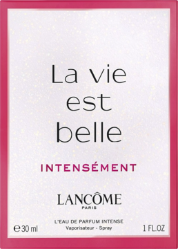 Różowe opakowanie Lancôme La Vie Est Belle Intensément Eau de Parfum 30ml, widok z przodu, białe tło i czarne napisy.